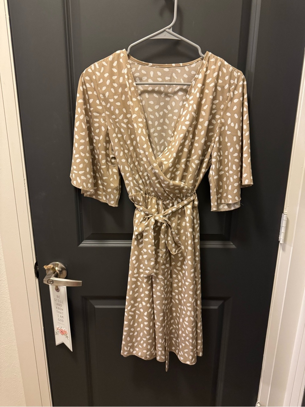 Beige Printed Wrap Dress with Tie Waist